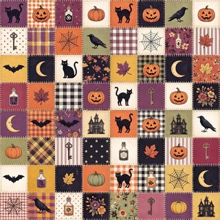 a patchwork pattern with pumpkins, cats and bats Halloween Squares Custom indian red