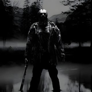 a man standing in the water holding a baseball bat and wearing a mask with trees in the background Halloween Jason Voorhees Jason Voorhees Iphone, Jason Voorhees Black And White, Jason Horror,