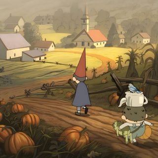 an animated image of two people walking down a road with pumpkins in the background Halloween Over The Garden Wall Over The Garden Wall Background, Over The Garden Wall Desktop, Over The Garden Wall Iphone, sienna