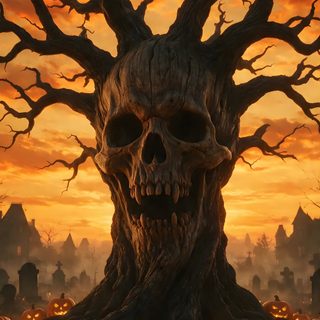a creepy tree with pumpkins in front of it Halloween Tree Fantasy Theme, Sunset Sky, Spooky Halloween, Jack O Lantern, Dark Fantasy, saddle brown