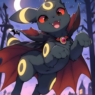 a cartoon character flying through the air in front of a full moon and bats background Halloween Umbreon Cute Bat-like Creature In Halloween Scene, Halloween Cartoon Art, Halloween Costume Inspiration, dark slate gray