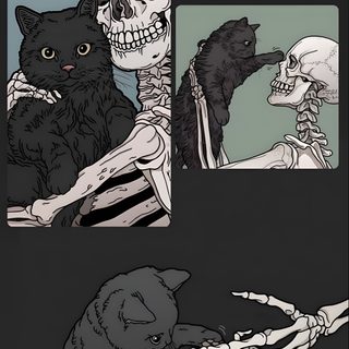 three different pictures of skeletons and cats with one skeleton holding the other's hand Kitty Skeleton Halloween Cats Skeleton Holding Cat, Cute Cat Skeleton, Cat Skeleton Background, dark slate gray