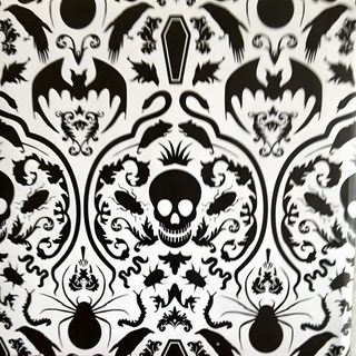 a black and white wallpaper with skulls, bats and flowers on it's side Halloween Dollhouse Gothic Damask Print, Halloween Damask Print, Free Damask Pattern, Damask Design, silver
