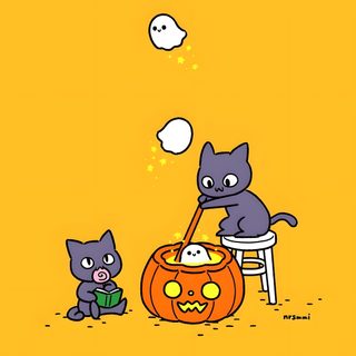 two cats are sitting in front of a pumpkin Kawaii Halloween Gif Cute Character Animation, Cats Animations, Halloween Illustration Art, goldenrod