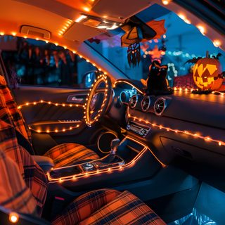 the interior of a car decorated for halloween with lights and jack - o'- lanterns Cute Halloween For Car Seat Car Halloween Decorations, Halloween Car Decorations, Halloween Car Decor, black