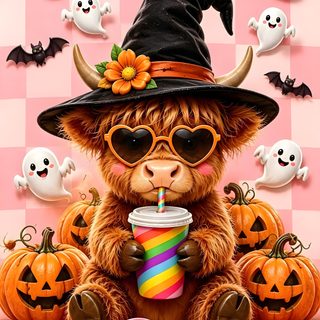 a teddy bear with sunglasses and a drink in front of pumpkins on a checkered background Cute Funny Halloween light salmon