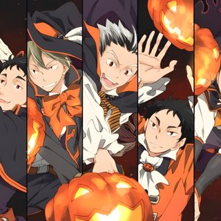 an image of some anime characters with pumpkins in front of their faces and hands Haikyuu Halloween Haikyuu Pumpkin Carving, Kpdh Halloween, Hinata Halloween Fanart, dark olive green