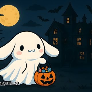a white bunny holding a pumpkin in front of a creepy house Cinnamoroll Halloween Ipad Hello Kitty Rooms, Hello Kitty Items, Hello Kitty, Kitty, Pink, black