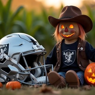 a scarecrow sitting next to a football helmet with an orange light in it's eyes Raiders Halloween Raider Pumpkin, Raider Football Pictures, Football Raiders, dark olive green