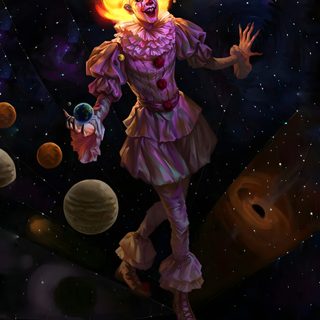 a painting of a creepy clown in outer space with planets and stars around him, holding an object Art The Clown Halloween Sif Dark Souls, Horror Photos, Clown Horror, Pennywise The Dancing Clown, black