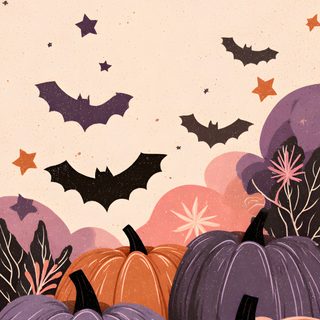 a bunch of pumpkins sitting in the grass with bats flying above them on a cloudy day Halloween Bats And Pumpkins - Lilac Ipad Background Halloween, Halloween Phone Backgrounds Fall, Halloween Ipad, light pink