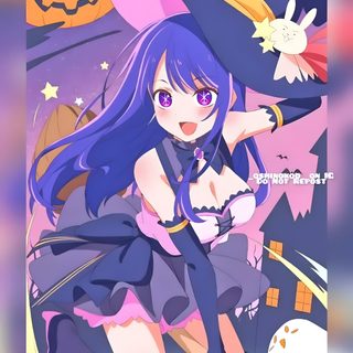 an anime character with long hair and purple hair wearing a witch costume, standing in front of a full moon Oshi No Ko Halloween Oshi No Ko Halloween, Anime Halloween Official Art, Oshi No Ko Christmas, light slate gray