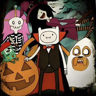 a group of cartoon characters standing next to each other in front of a halloween scene Cartoon Network Halloween Adventure Time Halloween, Adventure Time Christmas Episode, Adventure Time 3d Episode, saddle brown