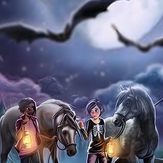two people standing next to horses in front of a full moon with bats flying overhead Star Stable Halloween 4k Halloween Horse, Star Stable Halloween Background, Autumn Star Stable Background, dim gray