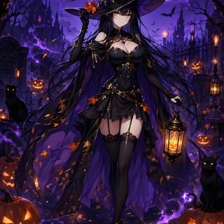 a woman dressed as a witch standing in front of pumpkins Anime Halloween Anime midnight blue