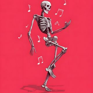 a skeleton dancing with music notes coming out of its back end on a red background Halloween Dance Dancing Skeleton, Skeleton Love, Skeleton Drawings, Skull, Linocut Art, Alien Art, crimson