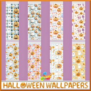 halloween wallpapers with pumpkins and ghost faces on them, all in different colors Halloween Custom By Tinydesigns Halloween, Gallery, Sims 4 Halloween Mural Download, silver