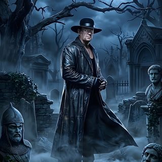 a painting of a man in a hat and trench coat standing next to tombstones Wwe Halloween dark slate gray