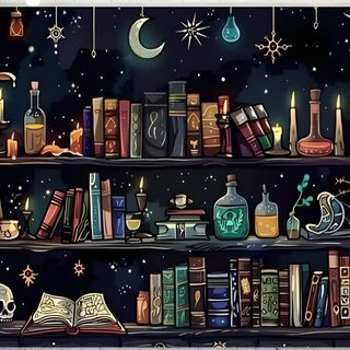 a book shelf filled with lots of books under a sky full of stars and moon Halloween Bookshelf Witchy Laptop Backgrounds, Books Banner, Spooky Desktop Background, Desktop Witchy, black