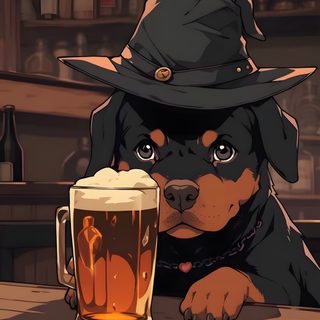 a dog wearing a witches hat sitting at a bar with a beer in front of it Halloween Rottweiler Cute Halloween Dog Cartoon, Anime Rottweiler, Dog Halloween Aesthetic, dark slate gray
