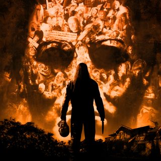 a movie poster for halloween with a man standing in front of a fire and skulls Halloween 2007 Michael Myers Art, Classic Horror Movies Monsters, Halloween Movie Poster, black