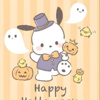 an image of a hello kitty halloween card Pochacco Halloween Sanrio Characters Halloween, Cute Halloween Sanrio, Pochacco Halloween Pfp, moccasin