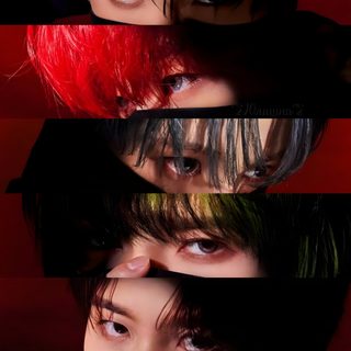 the faces of three people with different hair colors and makeup looks like they are looking at something Ateez Halloween Skz Eyes, Stray Kids Ate Pc, Kpop Ateez, Ateez Eyes, Ateez Halloween, K Pop Ateez, black