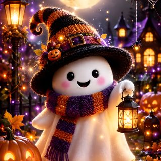 a halloween scene with a snowman wearing a witch's hat and holding a lantern Happy Halloween For Phone saddle brown