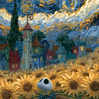 a painting of a person sitting on a bench in front of a sunflower field Halloween Van Gogh Skeleton Nightmare Before Christmas Laptop Backgrounds, Disney 4k, Iphone 14, dark olive green