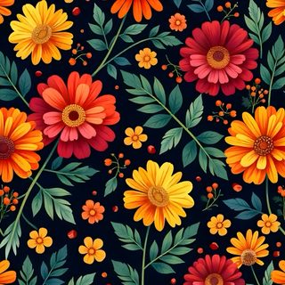 colorful flowers and leaves are on a black background with red, orange, yellow and green colors Halloween Flowers Day Of The Dead Flowers, La Catrina, Colorful Skulls, Halloween Wedding, dark olive green