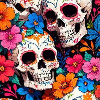 many colorful skulls with flowers on them Mexican Halloween Dia De Los Muertos Skull Background, Inspiration, Sugar Skull, Bright Skull, sienna