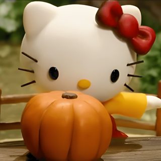 a hello kitty figurine sitting on top of a wooden fence next to pumpkins Cute Hello Kitty Halloween Gif October Kiss, Falling Gif, Hello Kitty Halloween, Halloween Gif, sienna