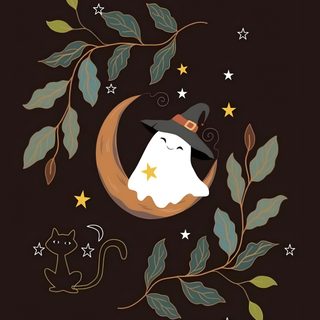 a black and white poster with the words hello october Halloween Hello October Ghost On Moon With October Text, Halloween Greeting Card Ideas, Halloween Spooky Decor, black
