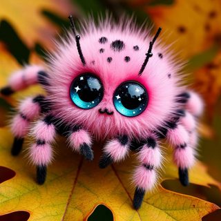 a pink and black spider with blue eyes sitting on top of a yellow maple leaf Cute Halloween Spider saddle brown