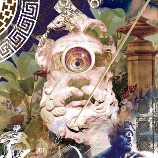 an artistic collage with many different things in the background, including a man's head Halloween Cyclops Cyclops Aesthetic, Cyclops Art Greek Mythology, Cyclops Mythology Art, gray