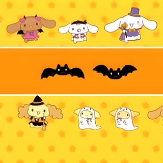 an image of halloween characters on a yellow background Cinnamoroll Halloween Gif Cinnamoroll Halloween Gif, Hello Kitty And Friends Halloween Gif, Sanrio Halloween Gif, gold
