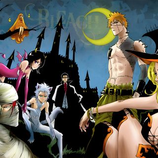 some anime characters are standing in front of a full moon and castle with bats flying overhead Bleach Halloween Ichigo Halloween, Bleach Halloween Pfp, Bleach Halloween Anime, dark slate gray