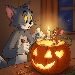 a cat that is sitting in front of a pumpkin with a lit candle on it Tom And Jerry Halloween Tom And Jerry Cartoon, Disney Toms, Hobbies To Try, Fall Halloween Decor, saddle brown