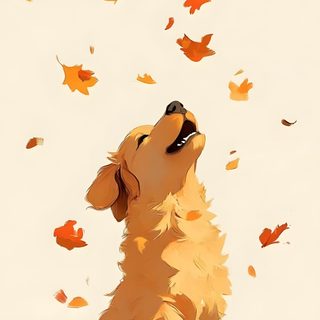 a painting of a dog sitting in the leaves looking up at it's sky Golden Retriever Halloween Golden Retriever Drawing, Golden Retriever, Cute Dog Drawing, antique white