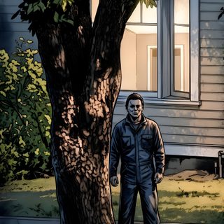 a man standing next to a tree in front of a house Halloween Iphone Michael Myers dark slate gray