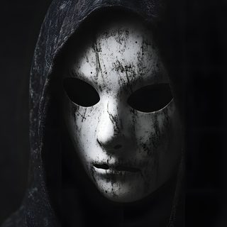 a person wearing a white mask with black eyes and a hooded hood on their head Halloween Mask Dark Magic User, Halloween Mask Ideas, Dark Mask On Face, Masked Spirit, black