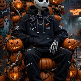 a skeleton sitting on top of a chair surrounded by pumpkins Halloween For Boys black