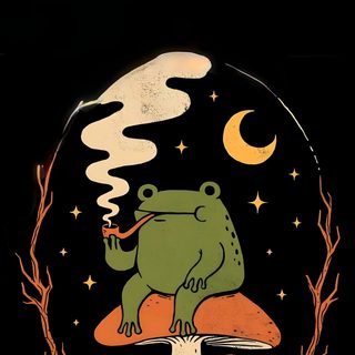 a frog sitting on top of a mushroom covered forest under a crescent moon and stars Frog Halloween Rana, Iphone Mushroom, Phone Backgrounds Retro, Frog Profile Picture, Frog Screensaver, black