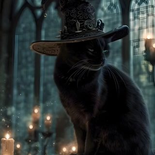 a black cat wearing a witches hat sitting on top of a book in front of candles Halloween Cat Gif Samhain, Cat Witch Gif, Black Cat Halloween, Black Cat Halloween Phone, dark slate gray