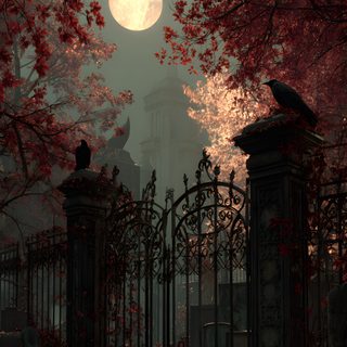 a full moon shines through the sky over a cemetery with red leaves on it Burgundy Halloween Gothic Thanksgiving, H2o Mermaids, Celtic Festival, Thanksgiving, Gothic Novel, black