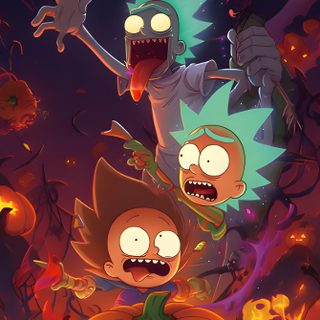 the cartoon characters are all dressed up in halloween costumes, with pumpkins and jack - o'- lanterns Rick And Morty Halloween Halloween Everyday, Halloween, saddle brown