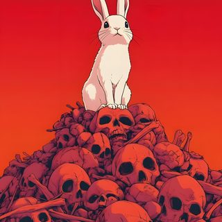 a rabbit sitting on top of a pile of skulls with red sky in the background Halloween Rabbit Bunny Skull, Demon Rabbits, Evil Bunny, Dark Aesthetic Animal Art, Scary Bunny, firebrick