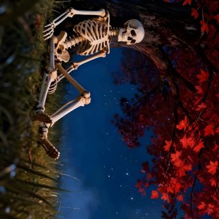 a skeleton sitting on top of a tree next to a full moon Halloween Live Pc Live Screen, Skeleton Art, Boy Photography Poses, Boy Photography, Screen, Pc, black