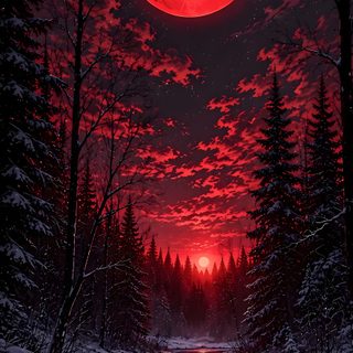 a red full moon is reflected in the water as it rises above snow covered trees Full Moon Halloween Cool Art, Uicideboy, Beautiful Dark Art, Red, Cool Backgrounds, Schöne Hintergründe, black