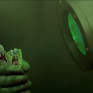 a cartoon character is looking at an object in the dark with green light coming from it Halloween Cyclops Cartoon Characters Undersea, Funny Cartoon Moments, Spongebob And Patrick In Underwater Scene, dark slate gray